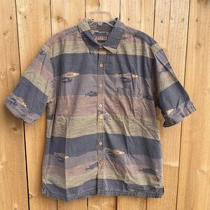 Men Kahala 1936 Hawaiian Aloha Shirt Large Fish Stripes Neutral Tan Grey Cotton